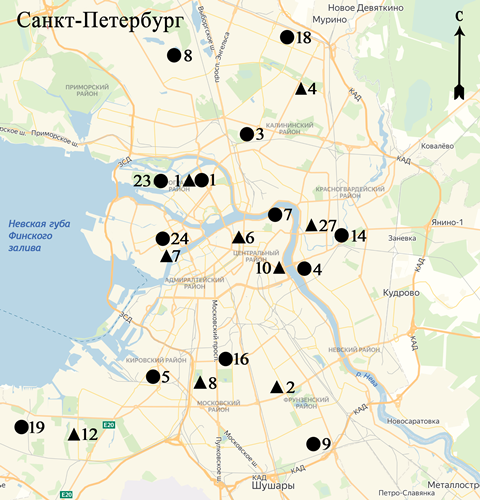Схема расположения ПНЗ за  загрязнением атмосферного воздуха  на территории Санкт-Петербурга и розы ветров за январь, июль и год в 2020 г.