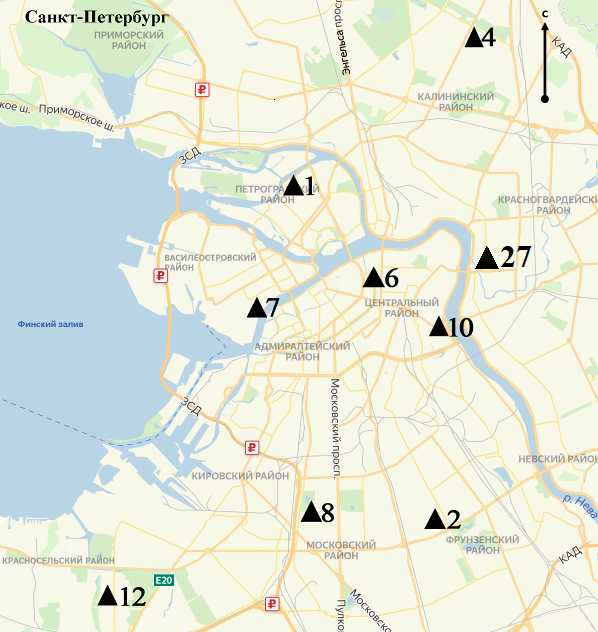 Схема расположения постов мониторинга атмосферного воздуха на территории Санкт-Петербурга